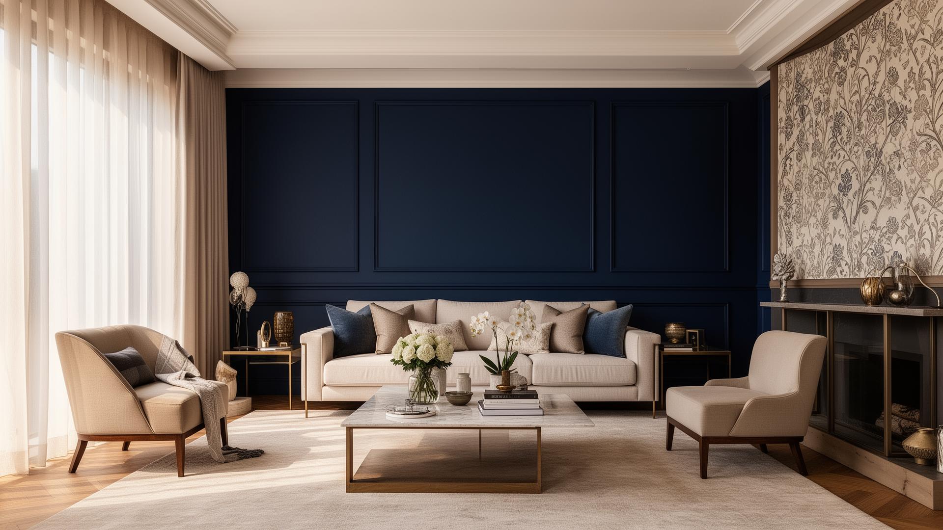 Elegant living room with freshly painted navy accent wall